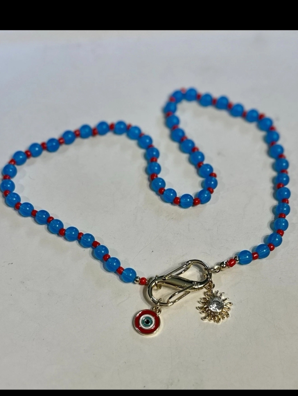 MAYAMAR 24k Gold Plated Sun Evil Eye Charm Necklace with Turquoise & Red Beads